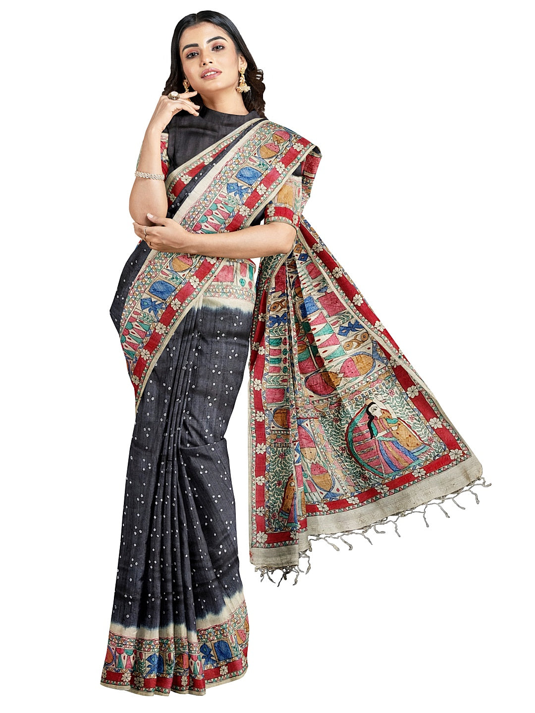 Handpainted Madhubani Saree on Tussar Munga Silk – Godhna Style with Bandhani Fusion